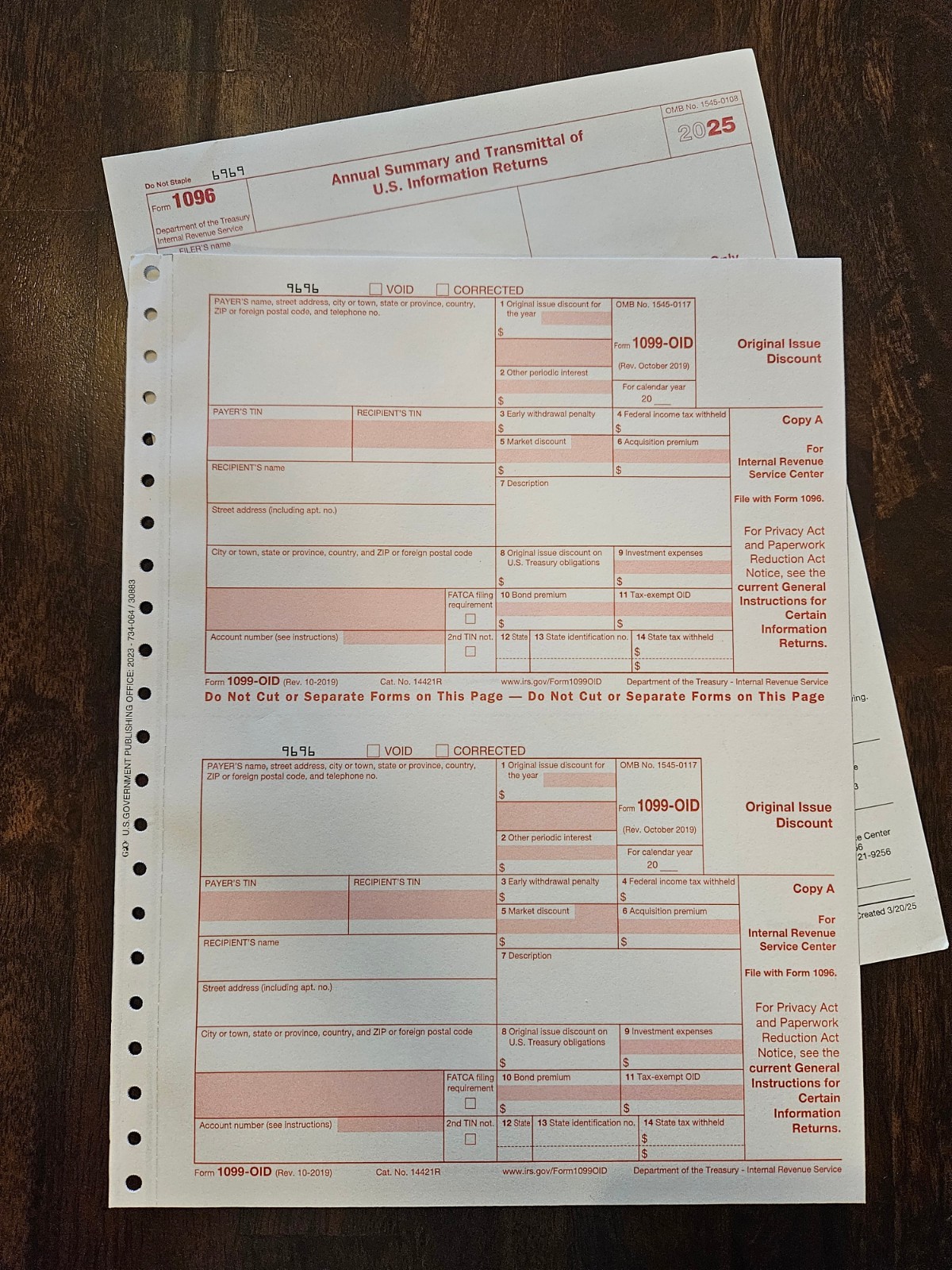 2025 IRS Tax Form Package-Four 1099-OID, 1 Form 1096 — No Envelopes