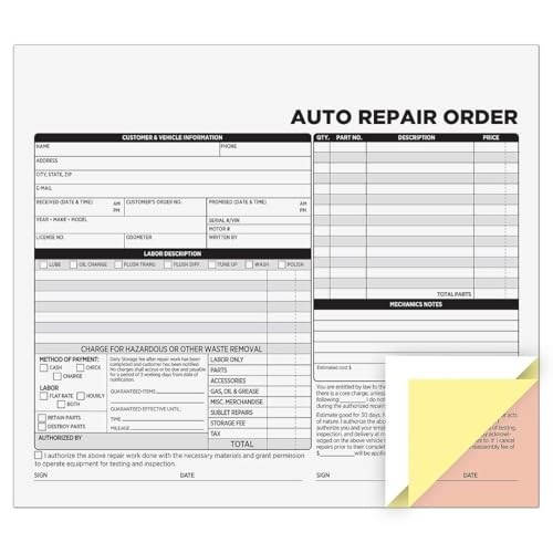 3-Part Carbonless Auto Repair Order Forms, 50-Pack, White & Canary, Easy Use