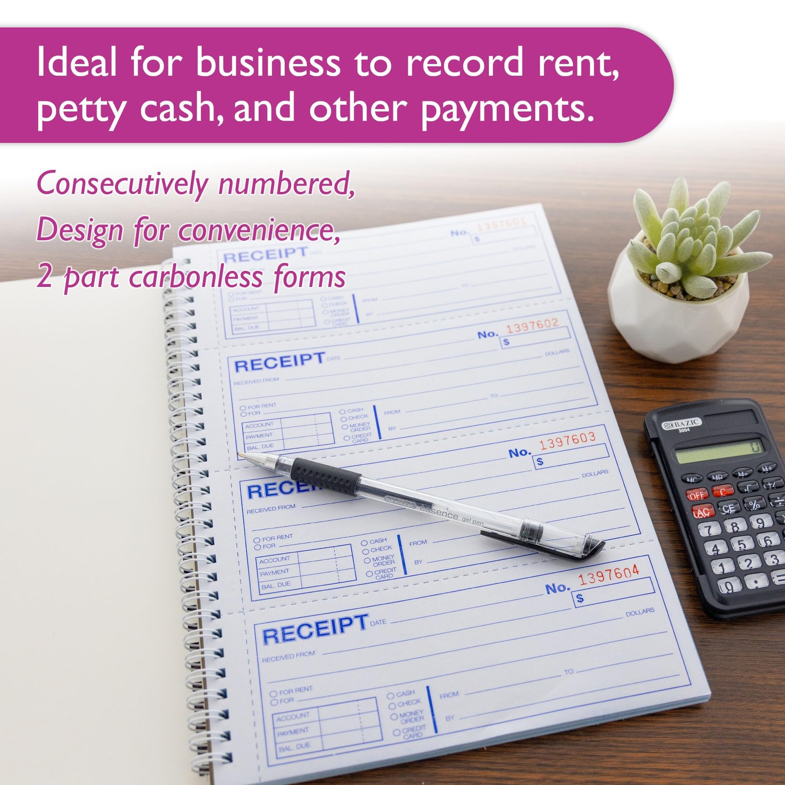 BAZIC Products Spiral Bound Receipts Book for Landlords, Business & 200 Sets
