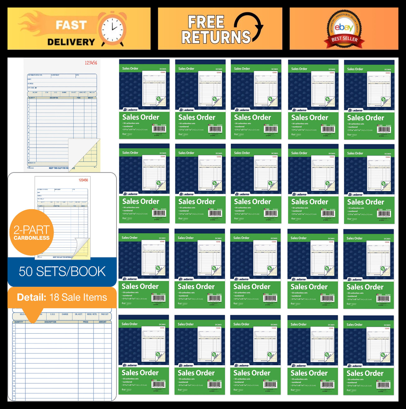2-Part Carbonless Sales Order Book, White/Canary, 50 Sets, 5.5″ x 8.5