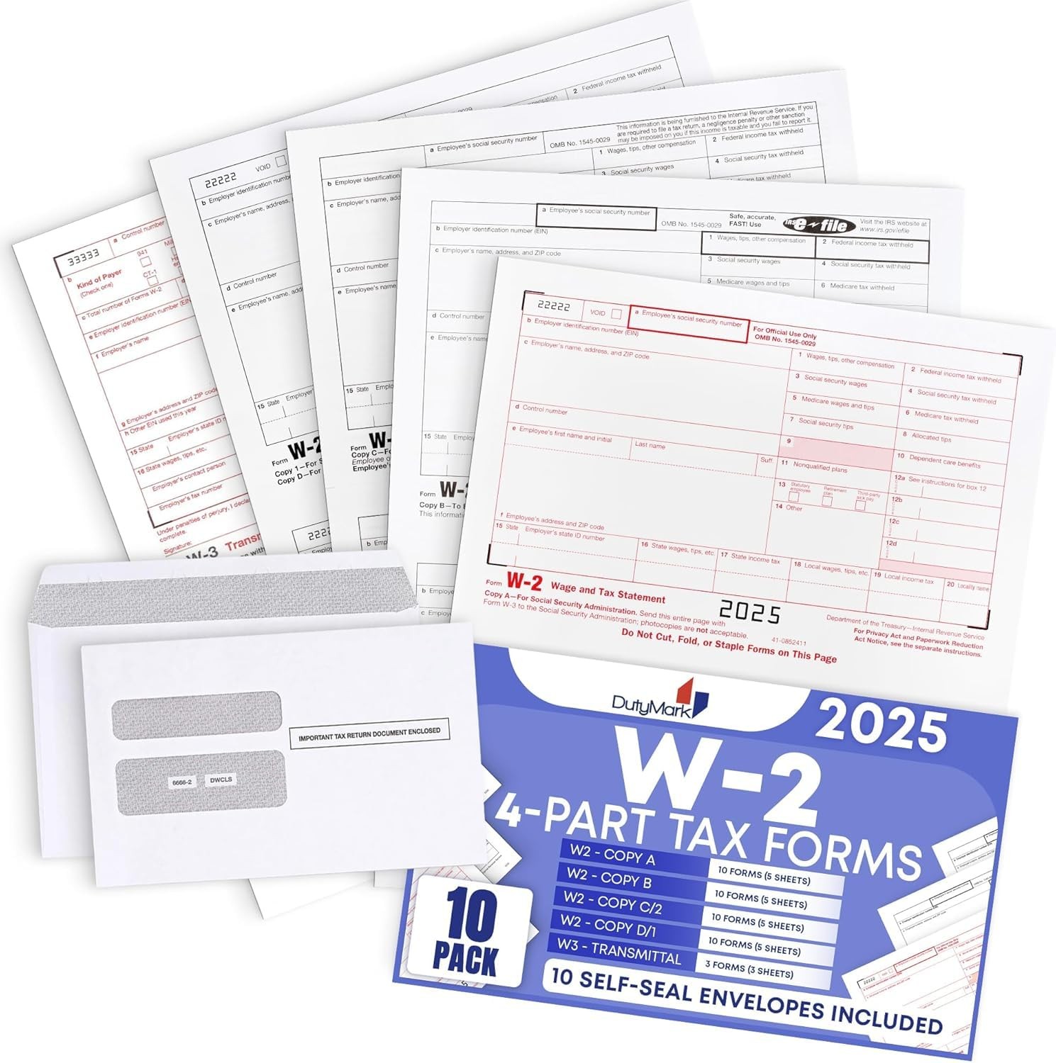 W2 Tax Forms 2025 with Envelopes, 4 Part Kit of Laser 10 With Envelopes