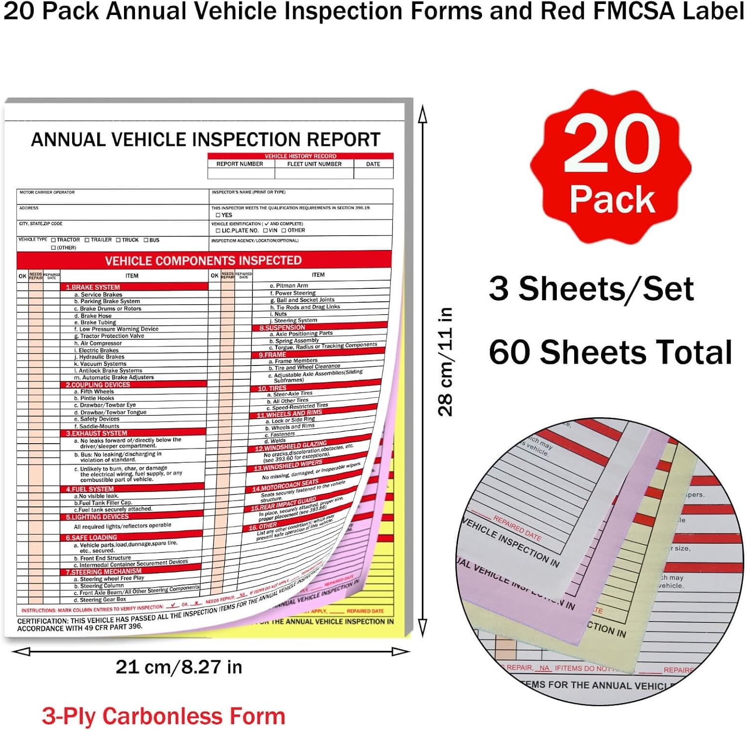 20-Pack Annual Vehicle Inspection Report Forms with Red FMCSA Aluminum Labels, 3