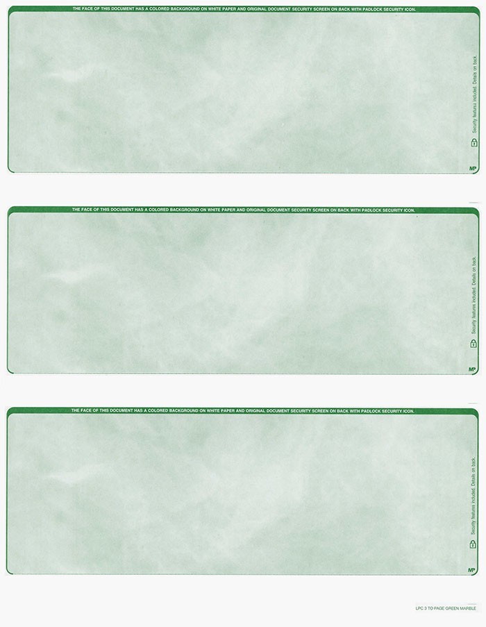 300 checks Blank Security Check Stock Paper – 3 Per Page – (Marble Green)
