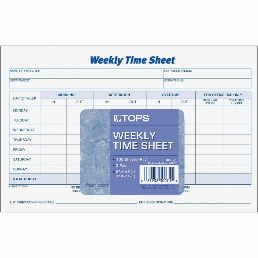 Cardinal Brands TOP30071 Weekly Timesheet 100 Sheets 5.5″x8.5″ White