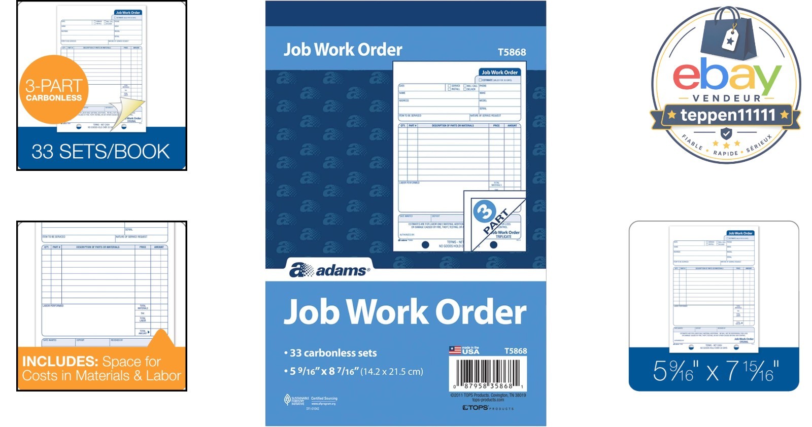 Job Work Order Book 3-Part Carbonless 33 Sets 5-9/16 x 8-7/16 Inches
