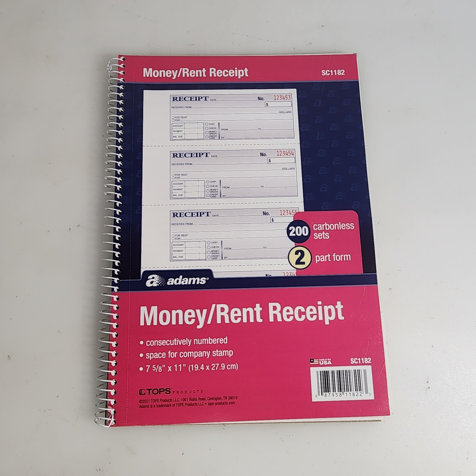 Adams Money Rent Receipt Book 2Part Carbonless 7-5/8″x11″ Spiral Bound 200 Sets