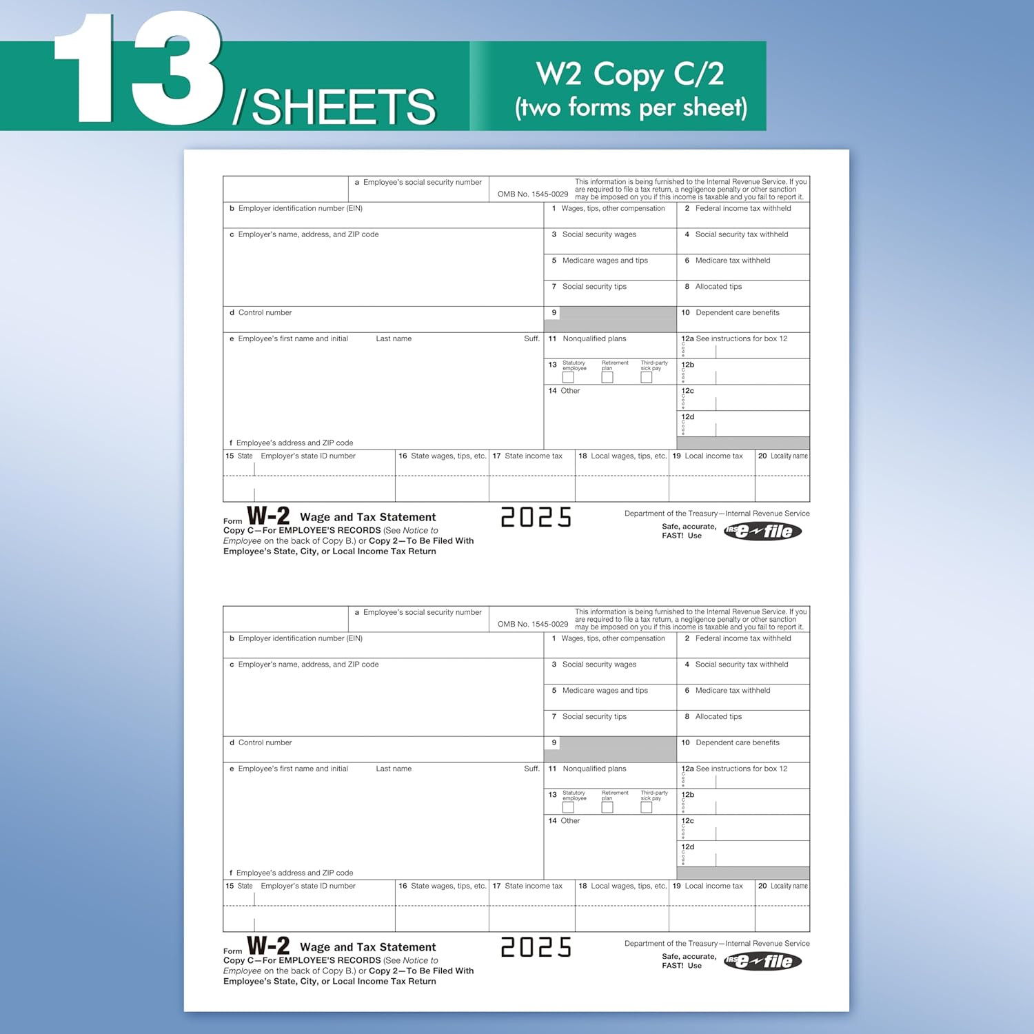2025 W2 Tax Forms Kit with Envelopes – 25 Employee Set with W3 Forms