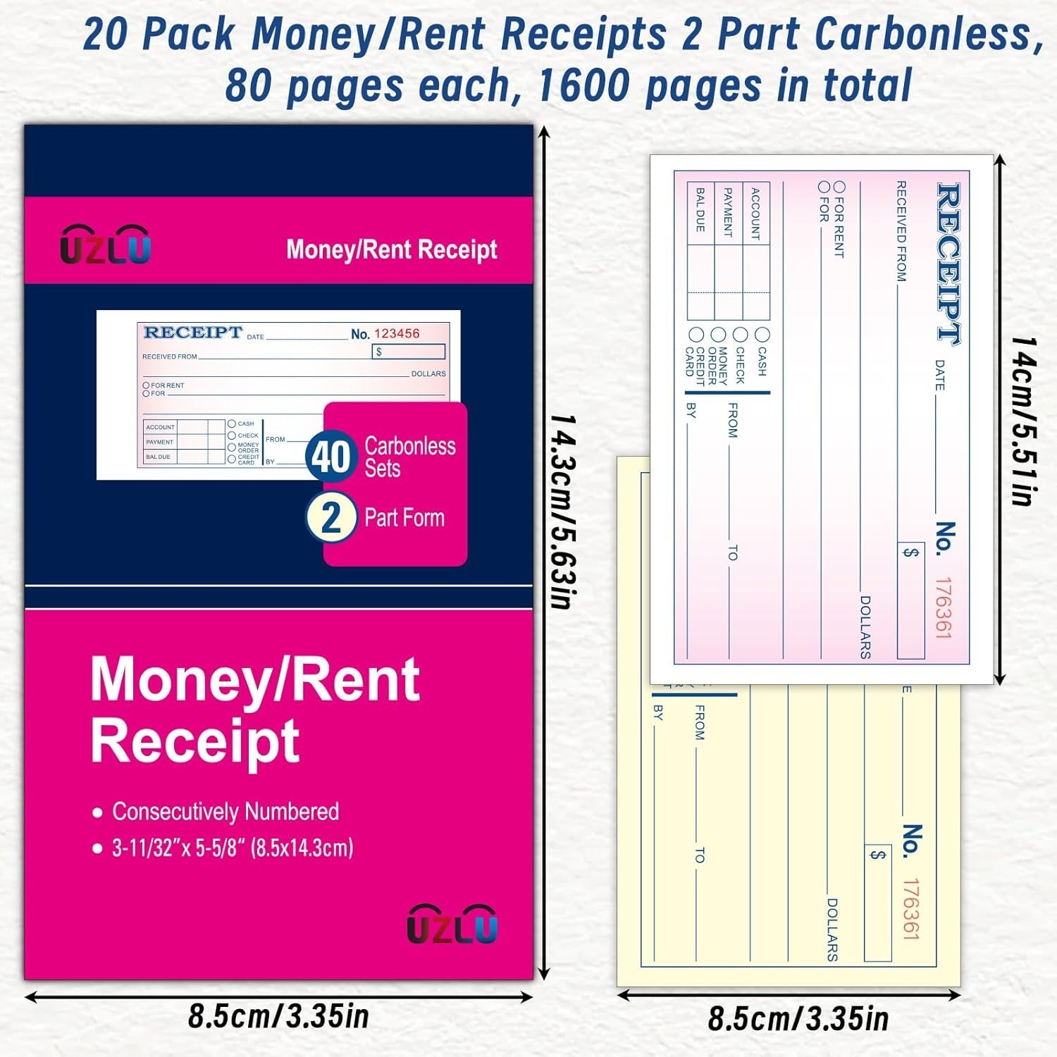 20 Packs Money and Rent Receipt Book, 3-11/32″ x 5-5/8″ Rent Receipt Books,