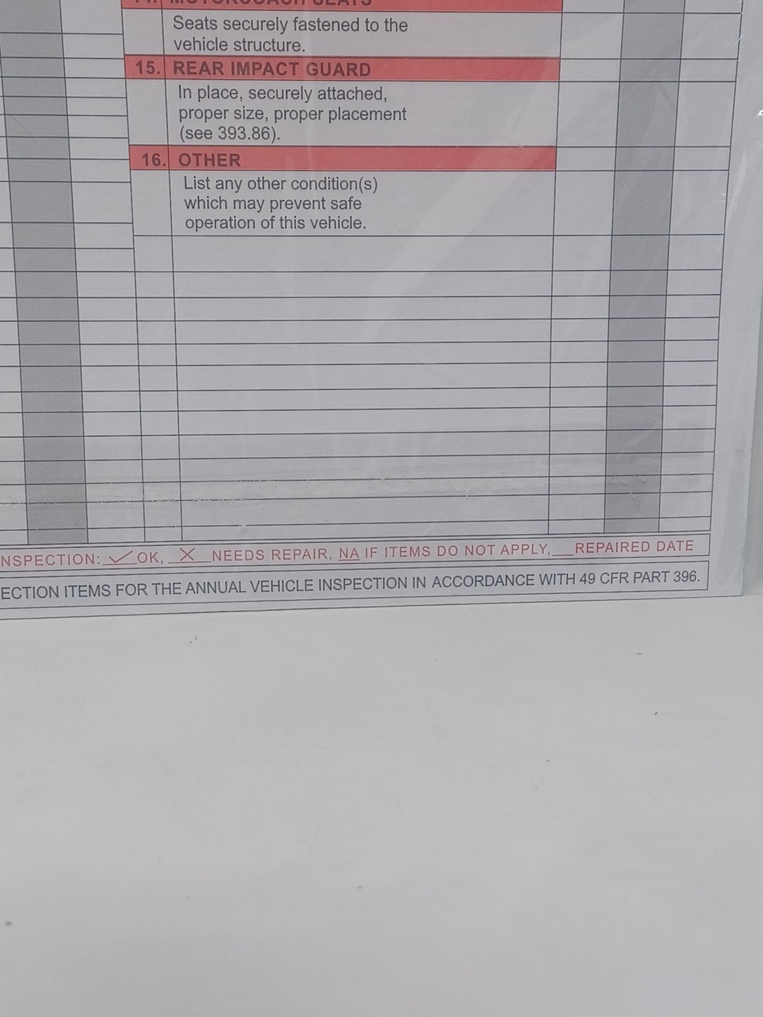 15-PACK. Annual Vehicle Inspection Report Form 3-Ply, Carbonless 49 CFR PART 396