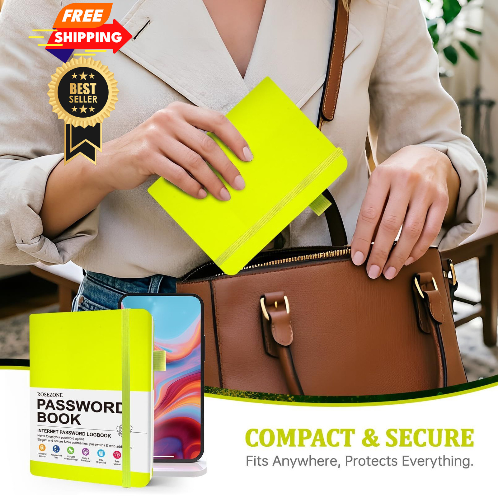 Password Book with Alphabetical tabs. No Inner Pocket, Fluorescent Green