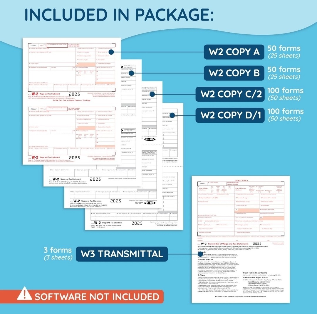 2025 W2 6 Part Tax Forms Kit, 100 Employee Kit of Laser Designed…