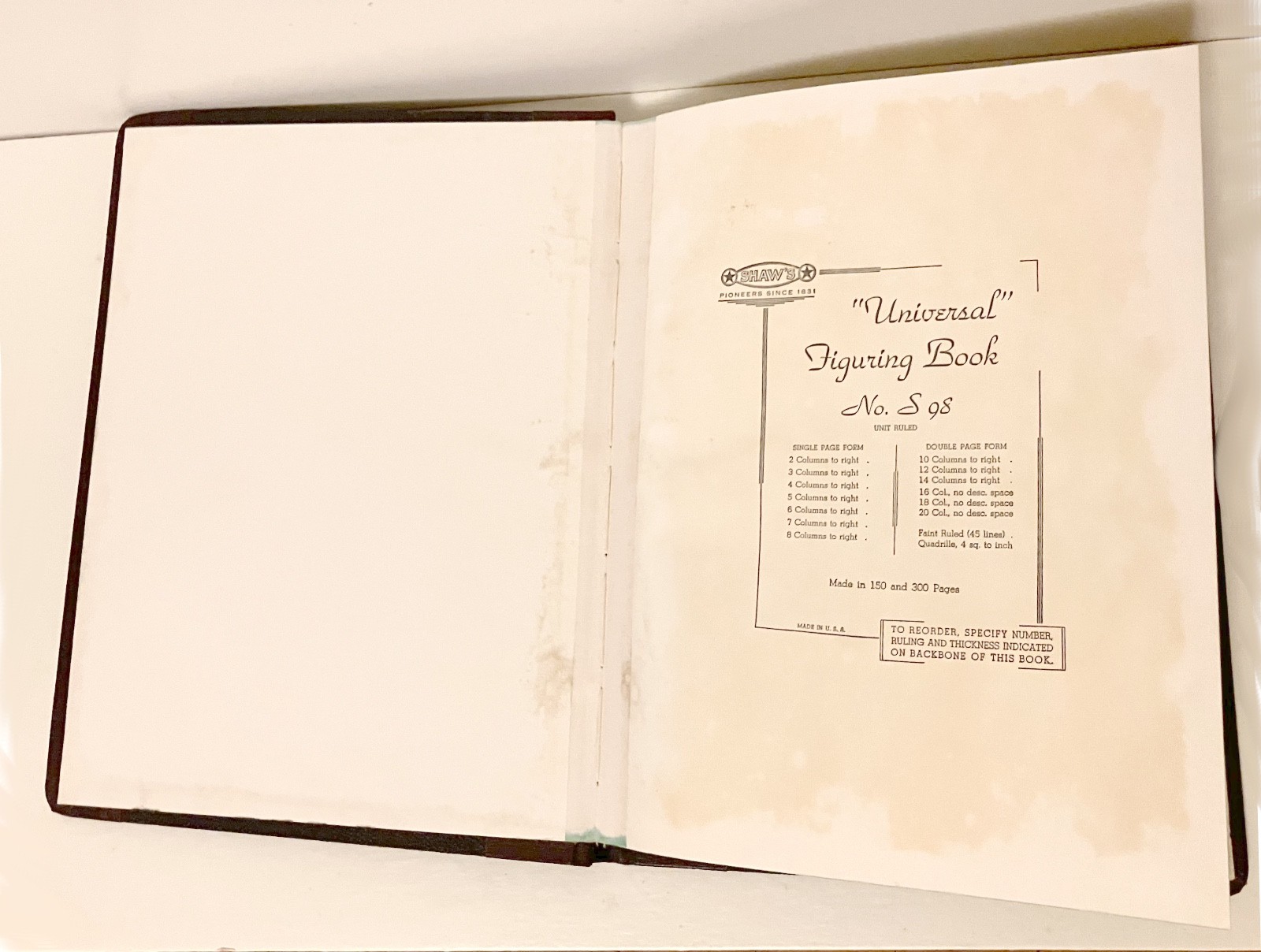Vintage Shaw’s Universal Blank Ledger 10″ x 12″ No. S 98