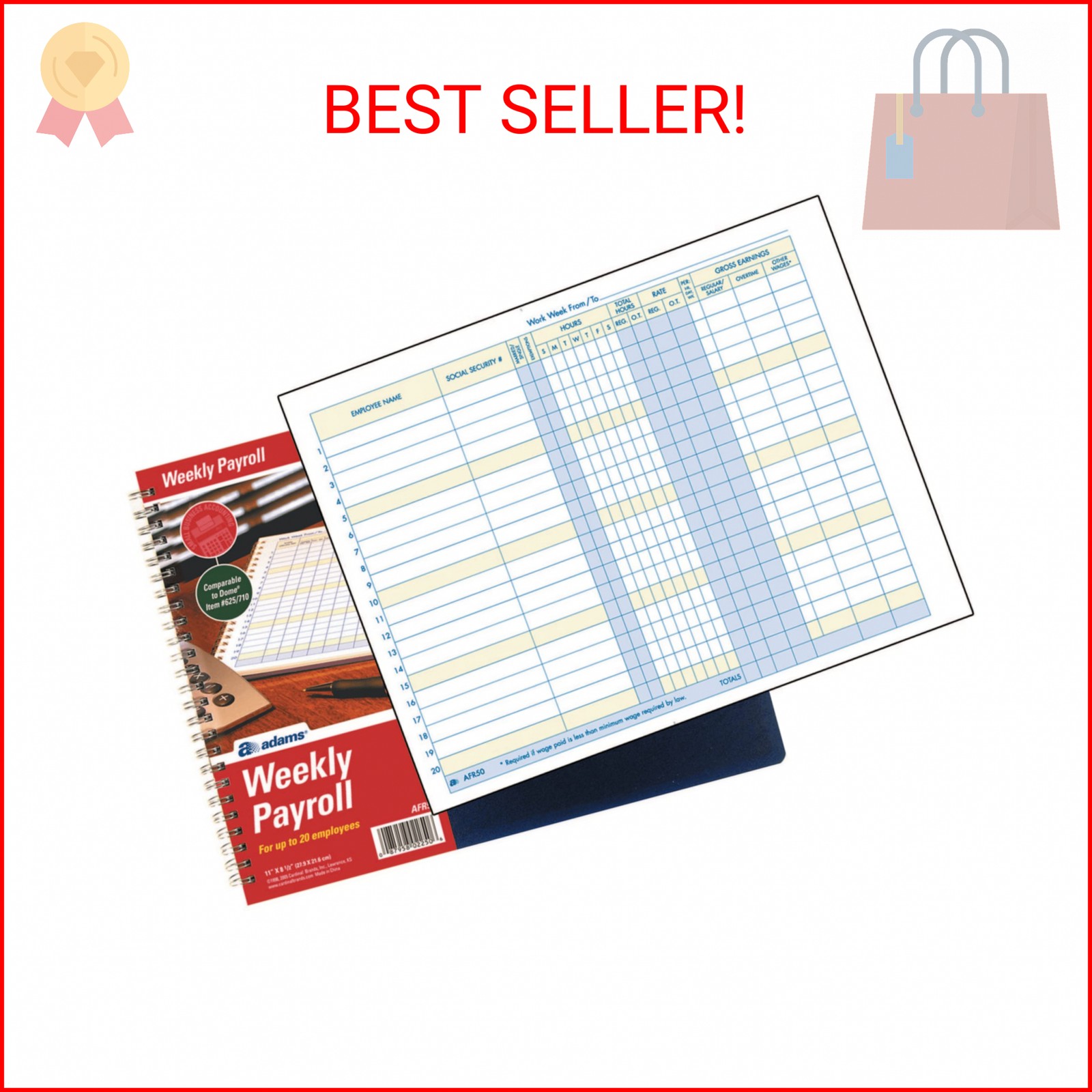 Adams Weekly Payroll Record, 20 Employee Capacity, Spiral Binding, 11 x 8.5 Inch
