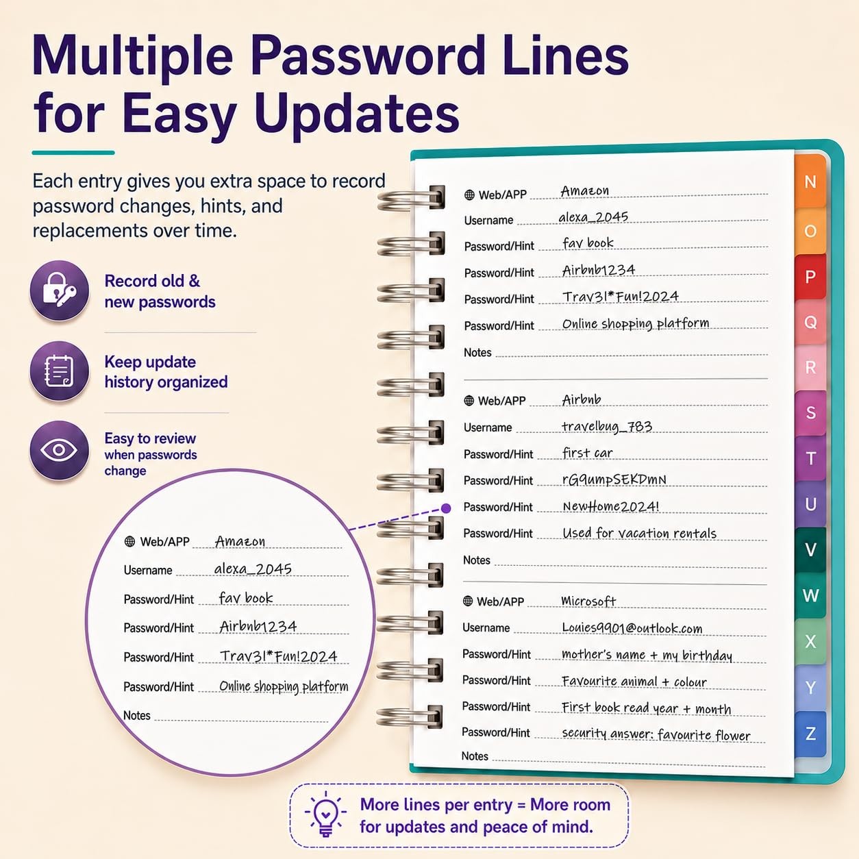 Spiral Password Book with Alphabetical Tabs & A5 (5.8″ X 8.2″), Green Purple