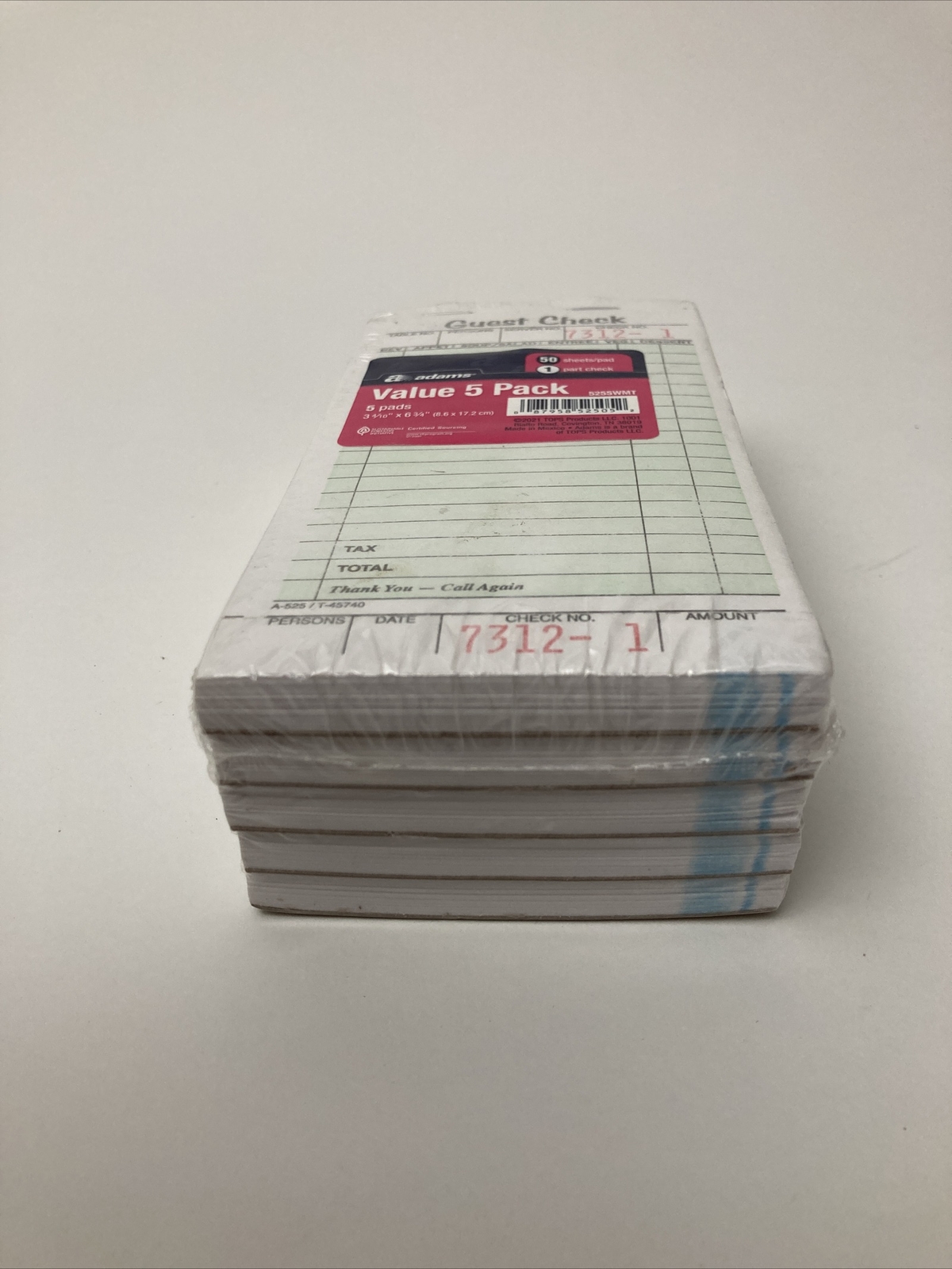 Guest Check Pads, Single Part, Perforated, White, 50 Sheets/Pad, 5 Pads Pack NEW