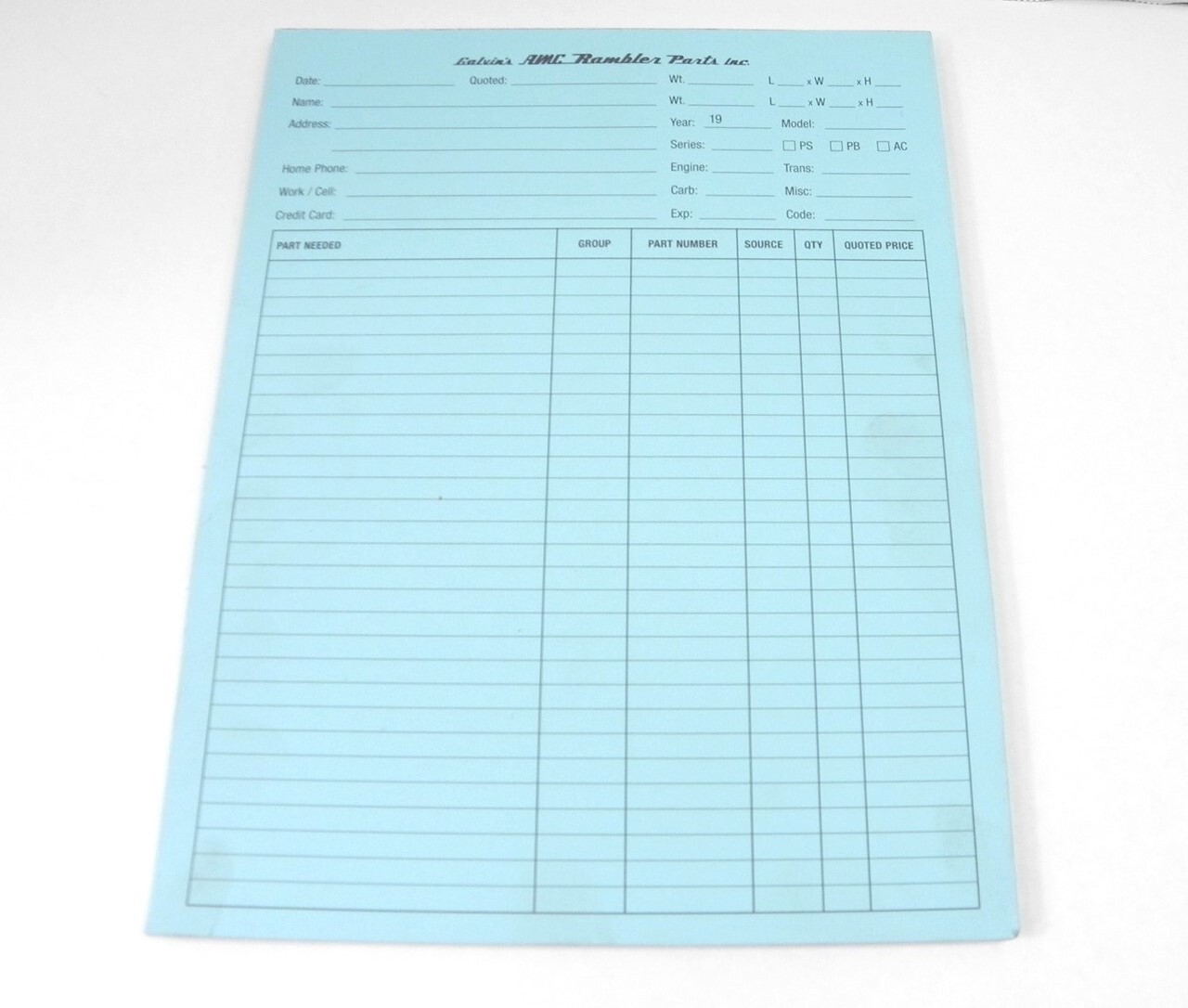 VINTAGE GALVINS AMC RAMBLER PARTS INC REQUEST ORDER FORM 50-100 PAGES NO WRITING