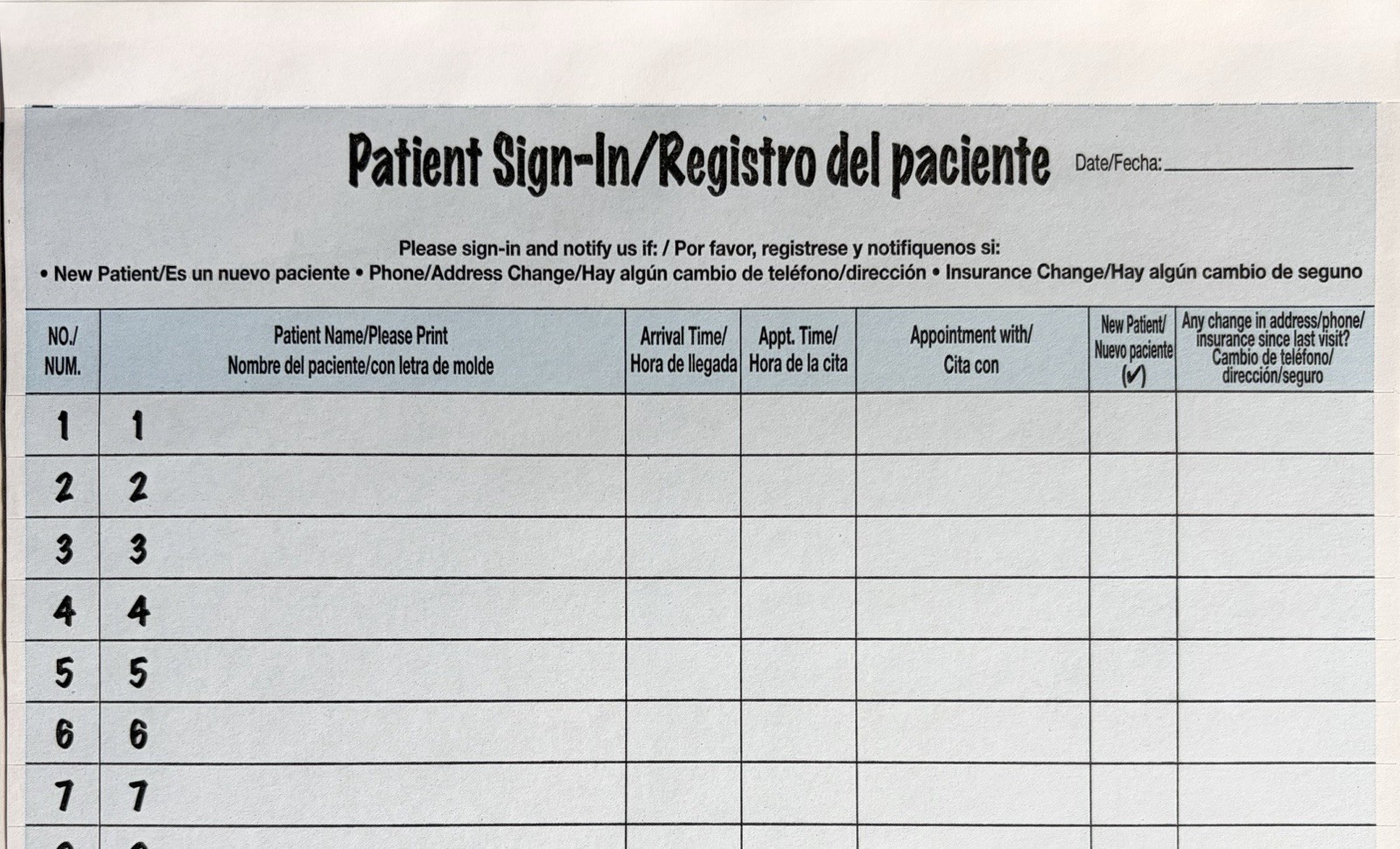 Tabbies Bilingual Patient Sign-In Forms Blue 125 Pack 8.5”x 11.625”