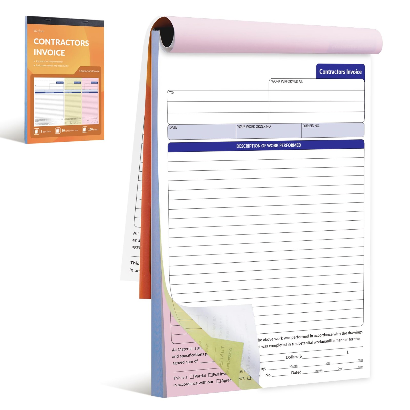 Harfesto Contractor Invoice Book, 3-Part Carbonless, 8×11 inches, Orange