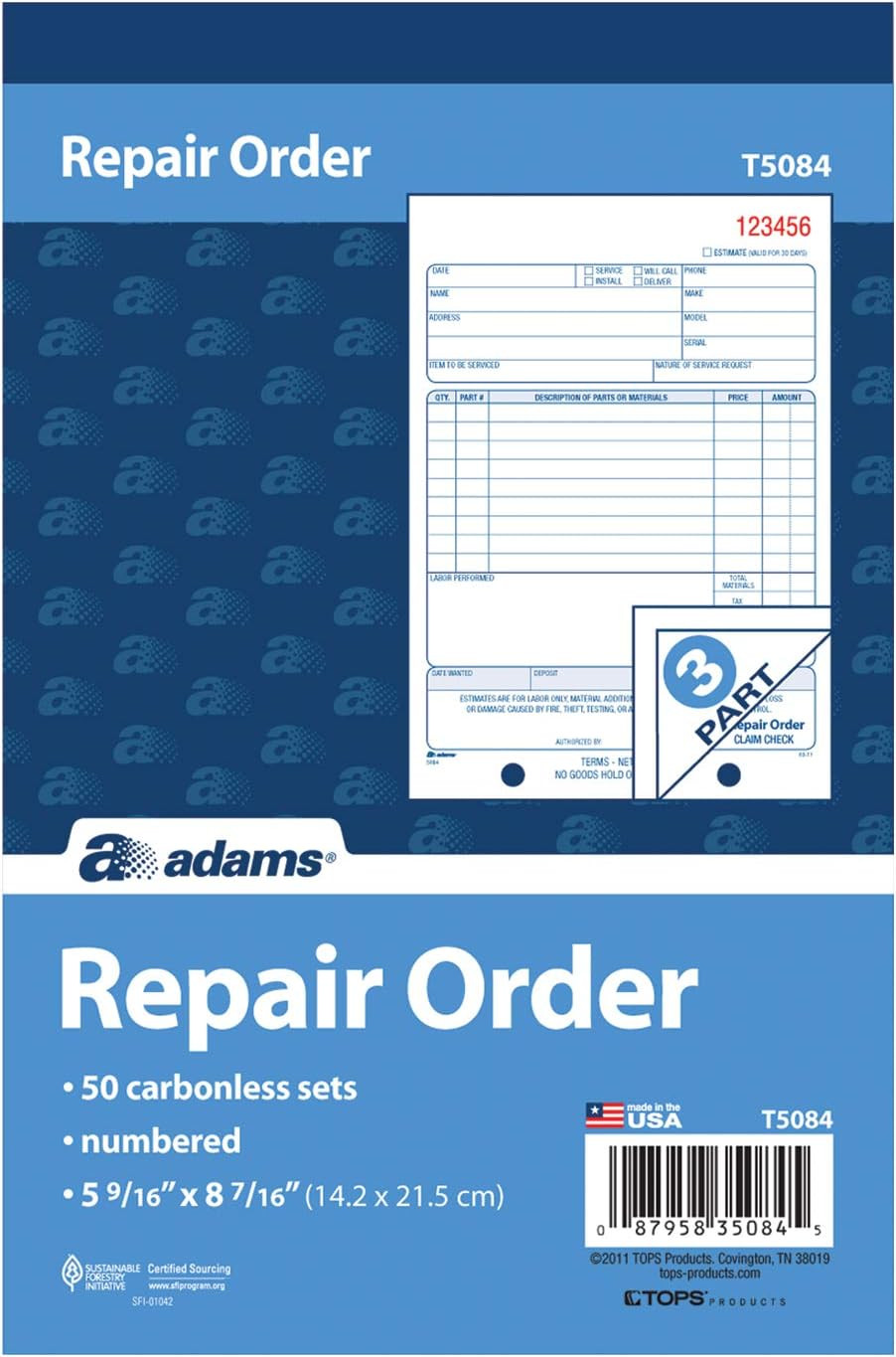 Repair Order Book, 3-Part Carbonless, White/White/White, 5-9/16 X 8