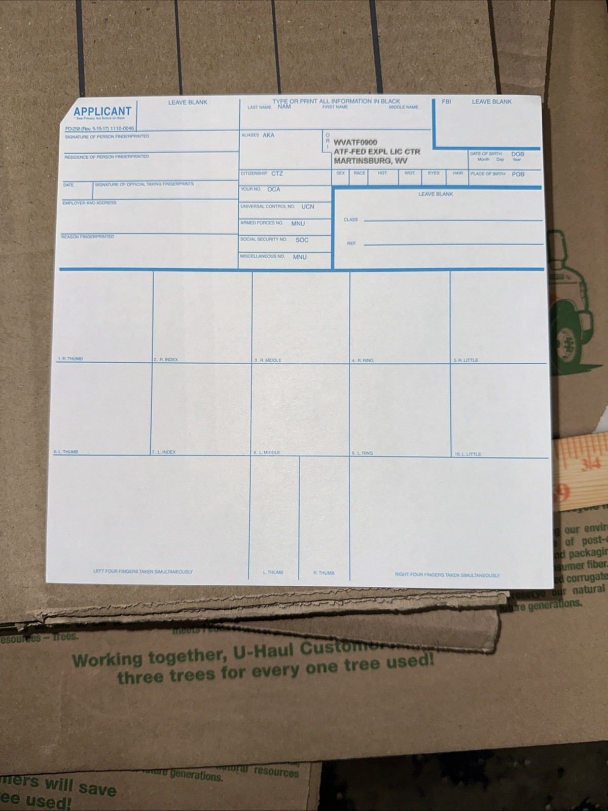 FD-258 (Rev. 5-15-17) Fingerprint Card Print ORI: WVATF0900 ATF-FED EXPL LIC CTR