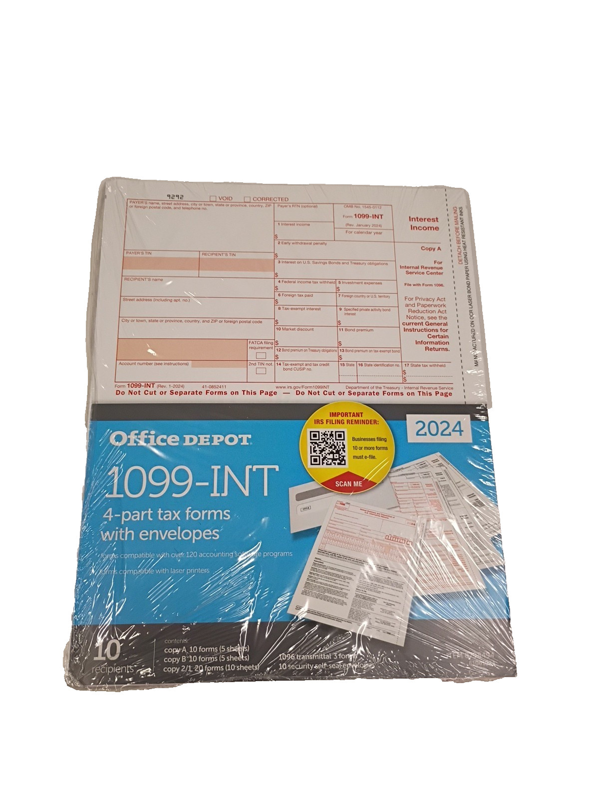 Office Depot 1099-INT 4-Part Tax Forms with Envelopes 10 Employees 8798494