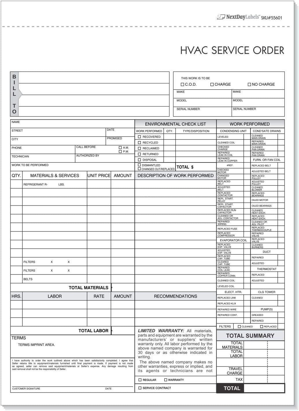 HVAC Service Order Invoice 3-Part Carbonless Forms – 100 Sets, No Company Name