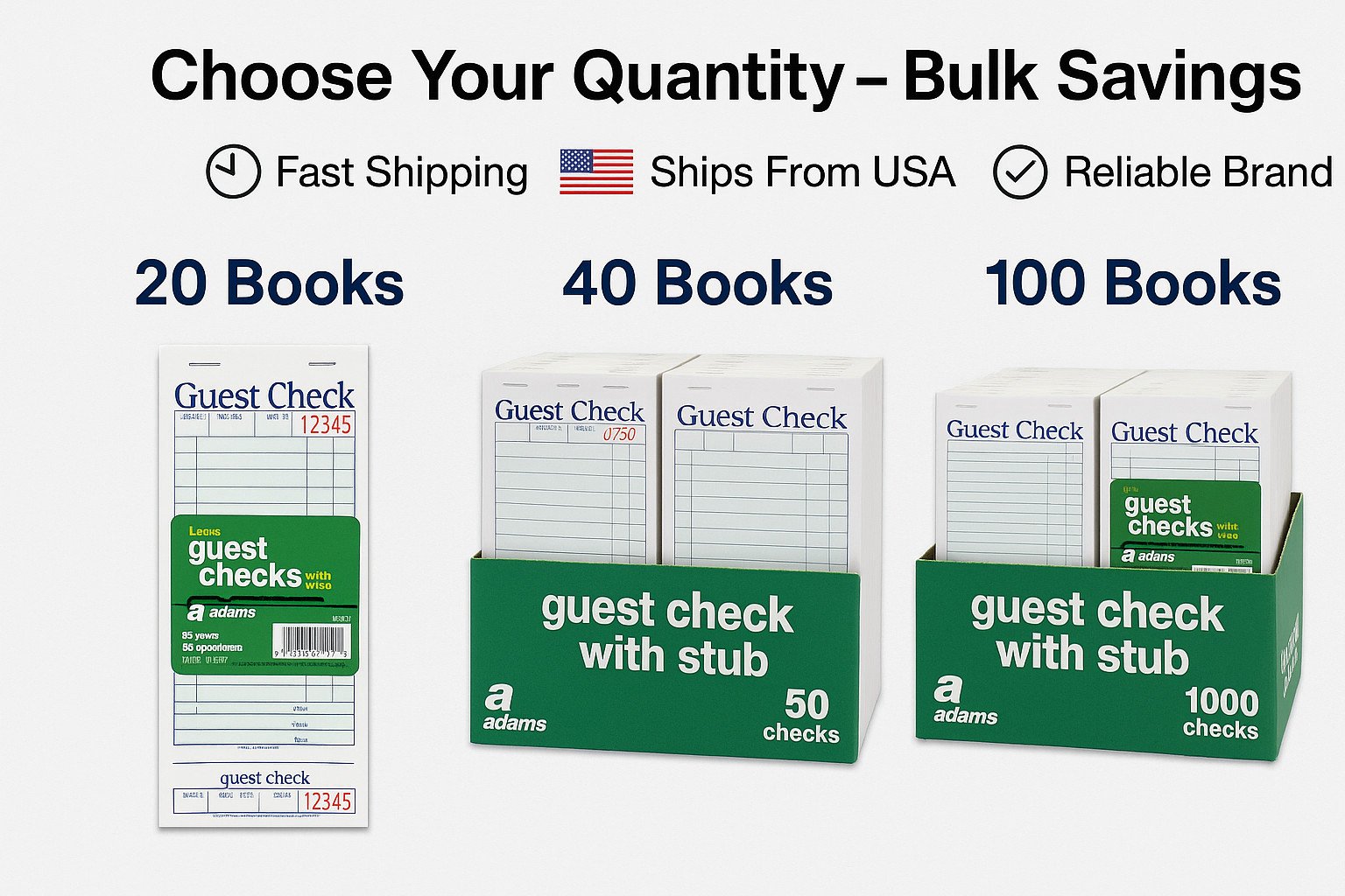 Adams Guest Checks w/ Stub 3-3/8×7 – 20/40/100 Books Options (50 Sheets Each)