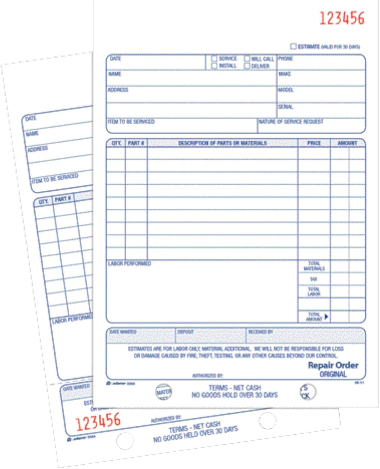 Repair Order Book, Carbonless, 2-Part, White/White, 5-9/16 X 8-7/16 Inches, 50 S