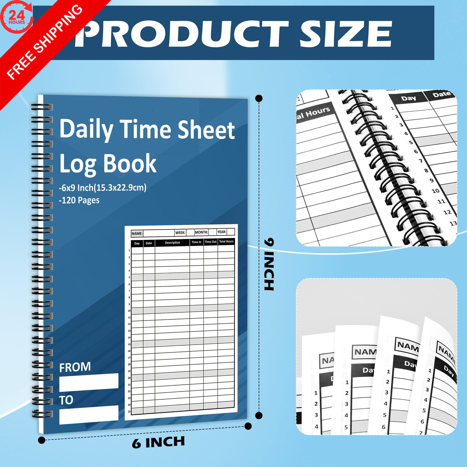 2 Pcs Daily Time Sheet Log Book 120 Pages 6×9 Inch Spiral Binder 6 x 9