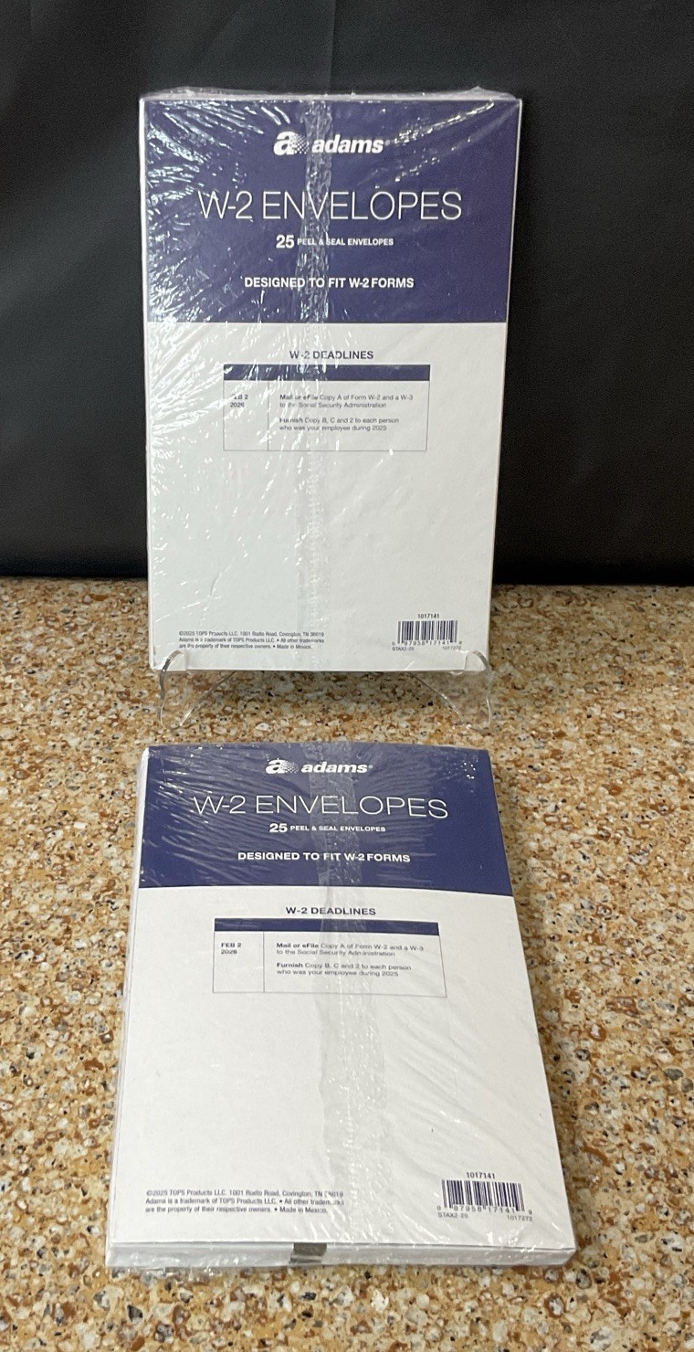 25 Count Adams W-2 Peel & Seal Security Envelopes Lot Of 2/50 Total