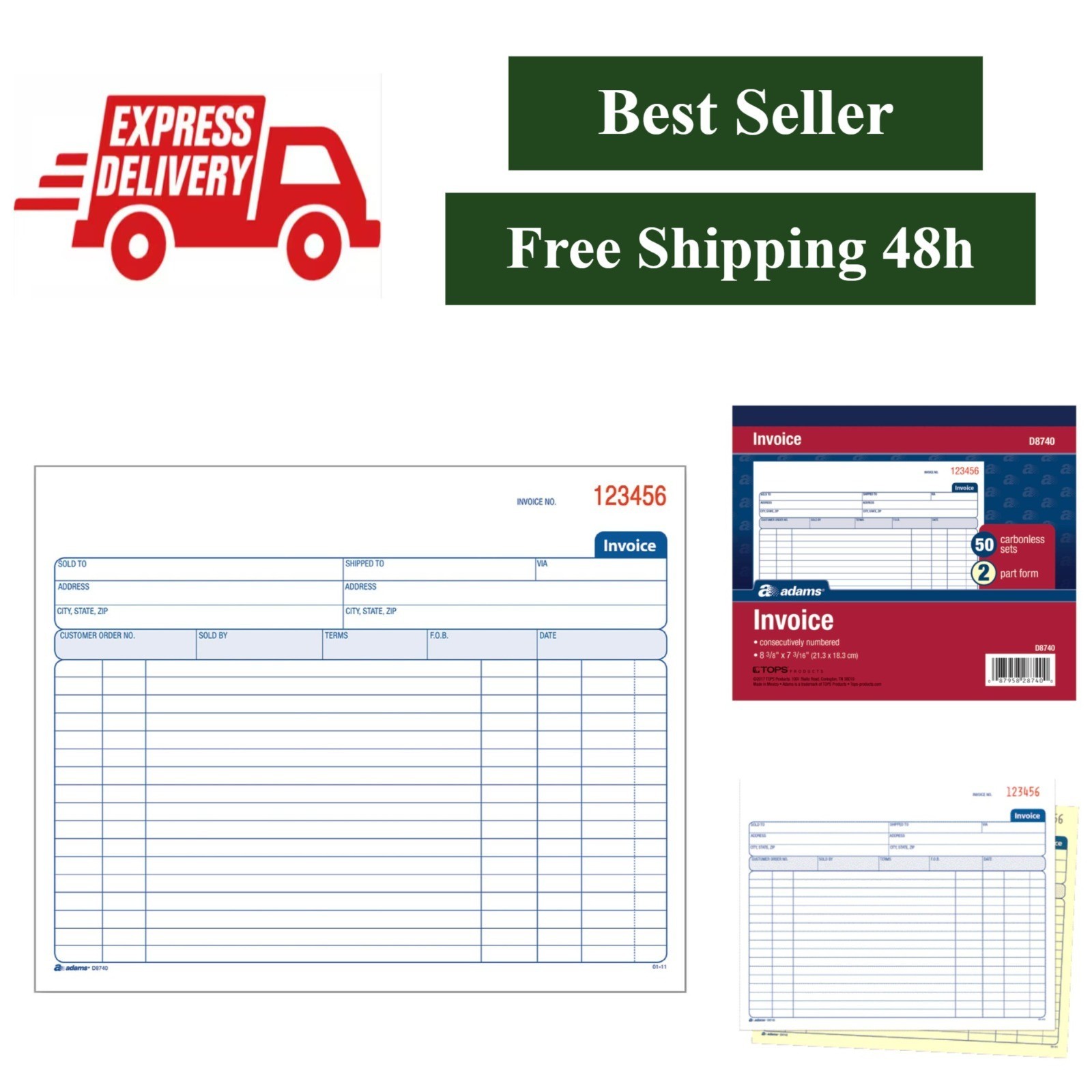 Adams Invoice Book, Carbonless, 50 Sets, 8.38 x 7.19 Inches