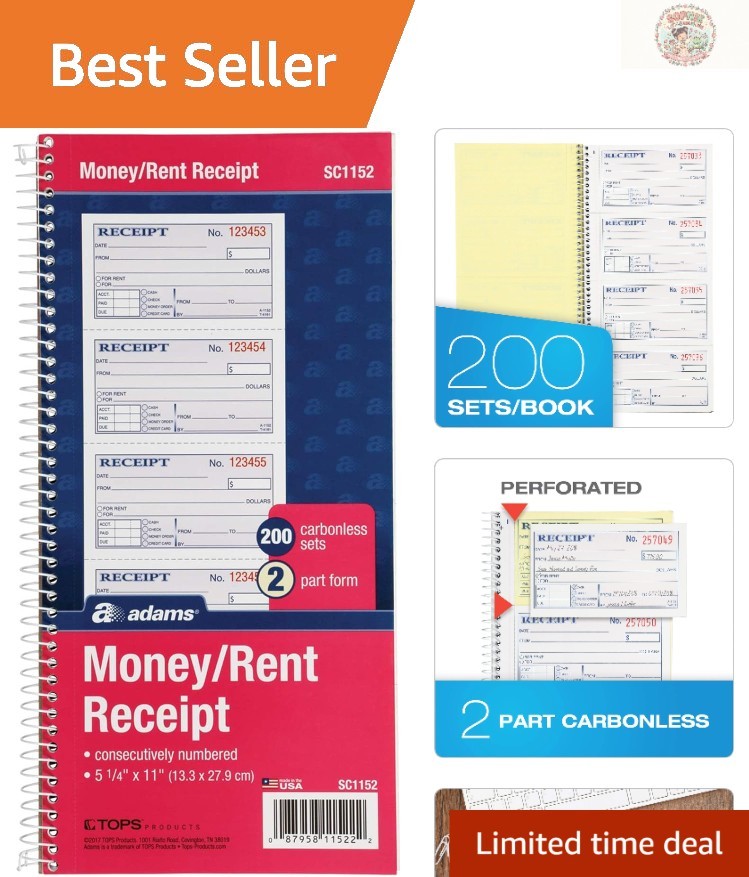 Compact Money Receipt Book, 2-Part Carbonless, 4 Receipts/Page, 5-1/4″ x 11″