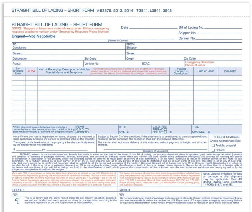 Adams Bill of Lading Short Form, 8.5 X 7.5 Inches, 3-part, 50-forms, White (9013