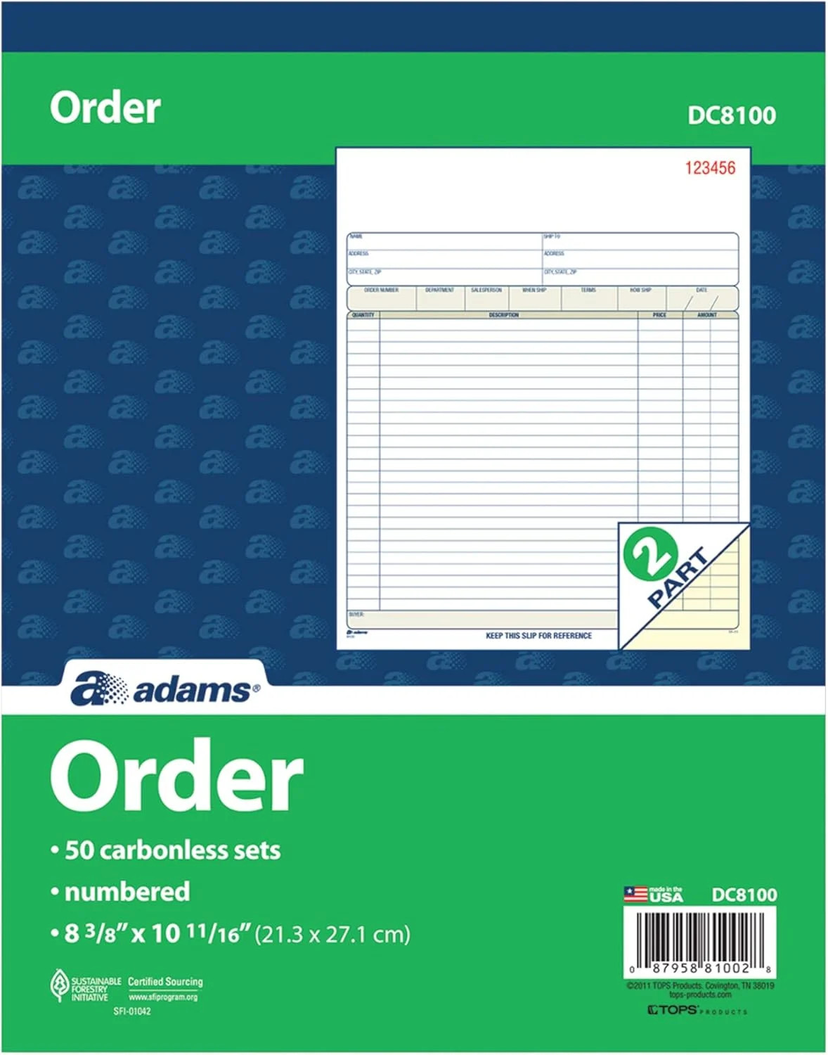 Adams DC8100 2-Part Carbonless Order Book White/Canary 50 Sets 8-3/8 x 10-11/16
