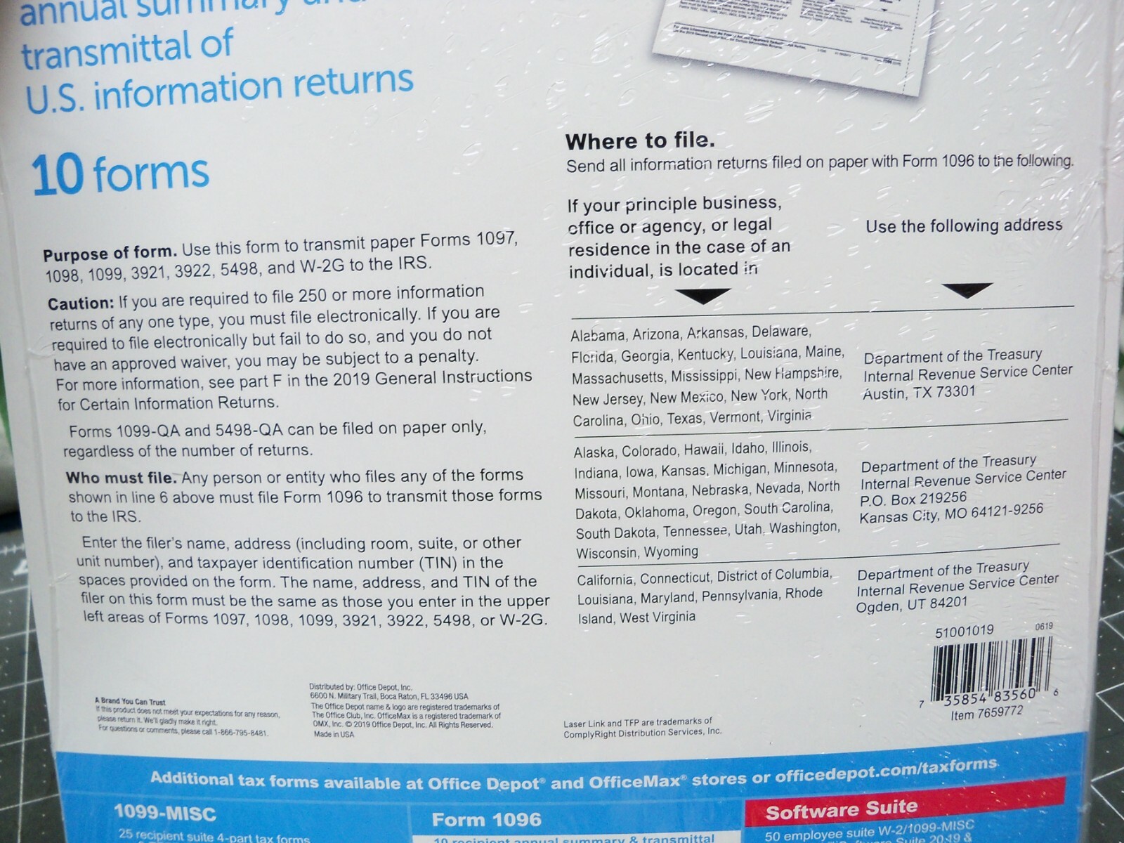 10 pack 2019 Tax Form 1096 Annual Transmittals ONLY (for 1099-MISC to IRS)