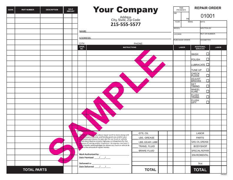 500 Automotive Repair Custom Invoices, Work Orders 2 Part / 8.5 x 11 TMG002