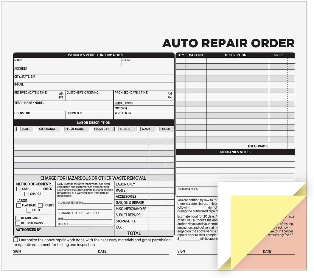 Auto Repair Order Forms, 3-Part, Carbonless, 50-Pack, White and Canary (074035)