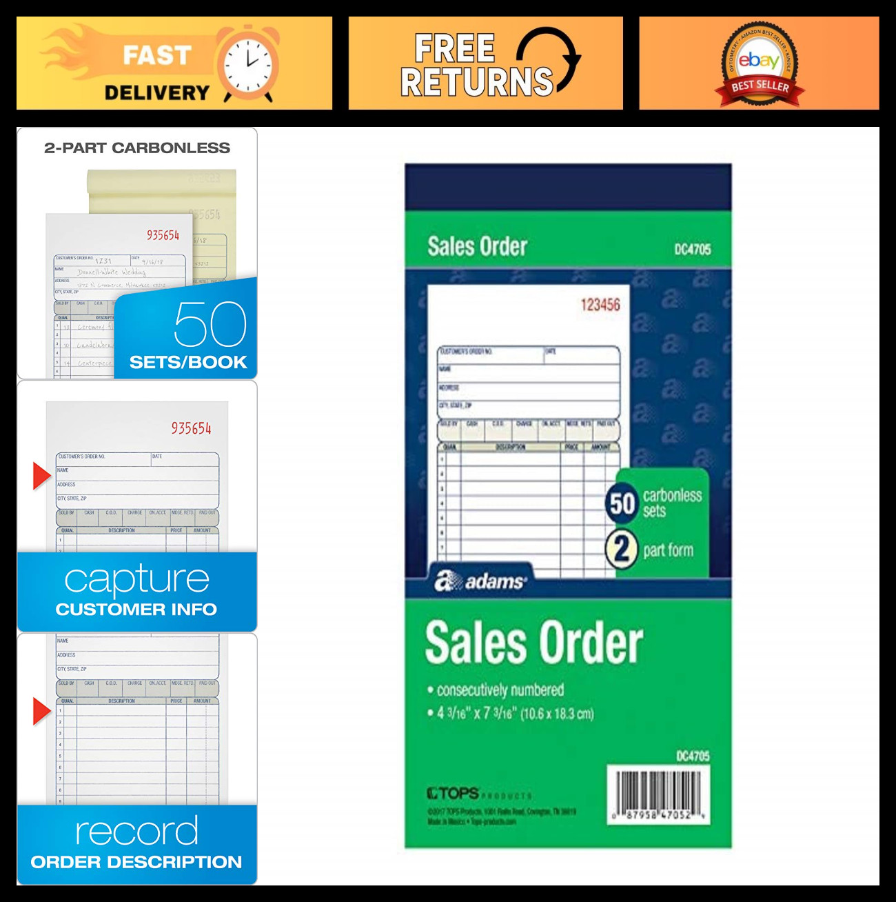 Carbonless Sales Order Books, 2-Part, White/Canary, 50 Sets, Wraparound Cover, 3