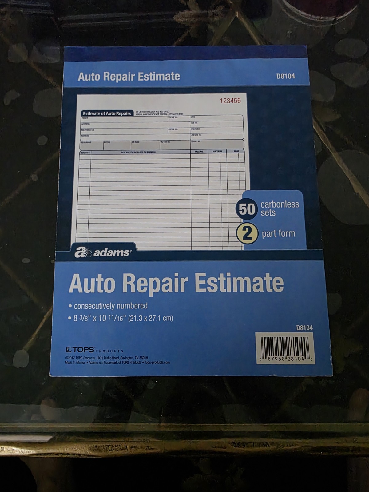 Blue Ink Auto Repair Estimate Book – 50 Carbonless Forms, 8-3/8 x 10-11/16 Size