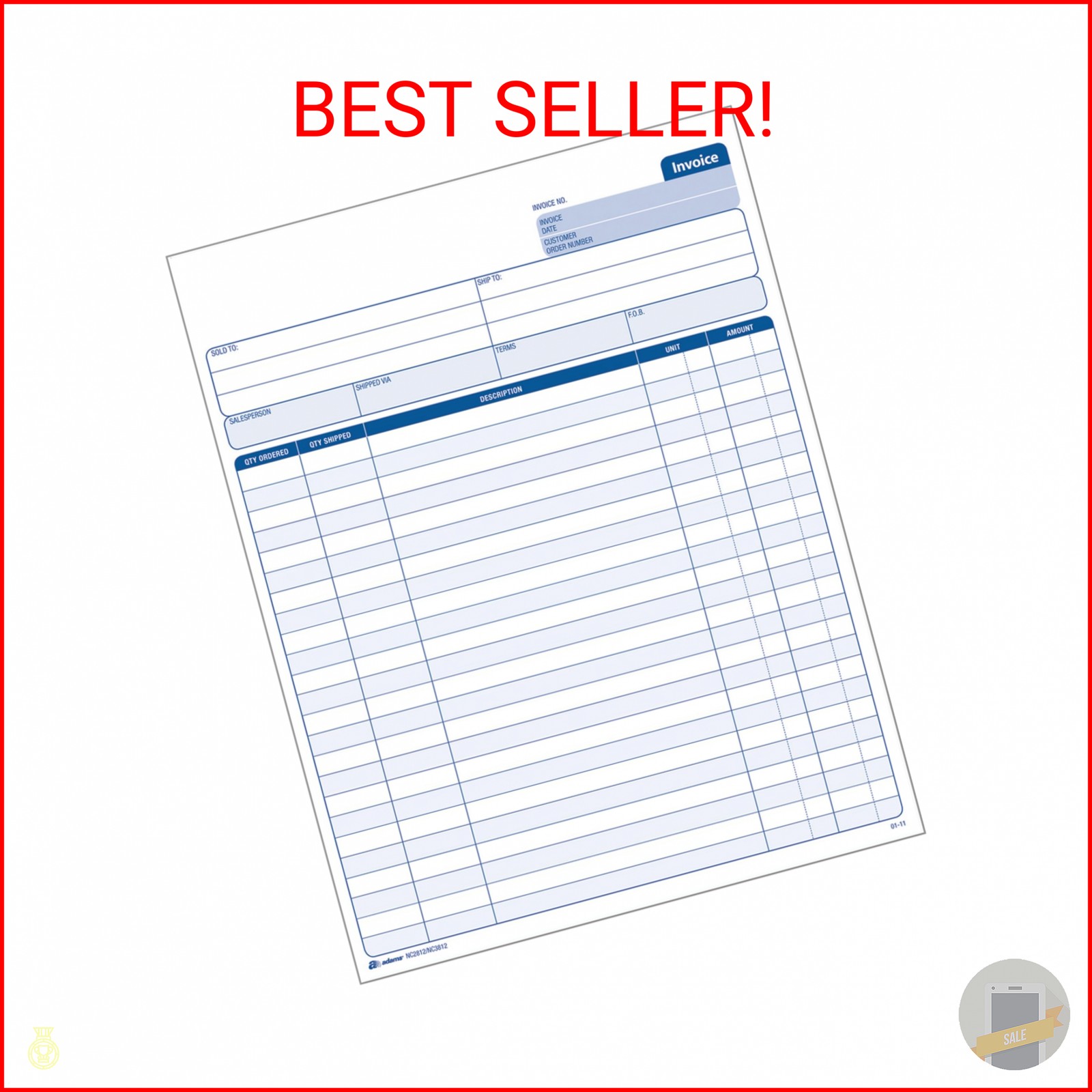 Adams Invoice Sets, 2-Part Carbonless, 8-1/2″ x 11-7/16″, 50 Sets per Pack (NC28