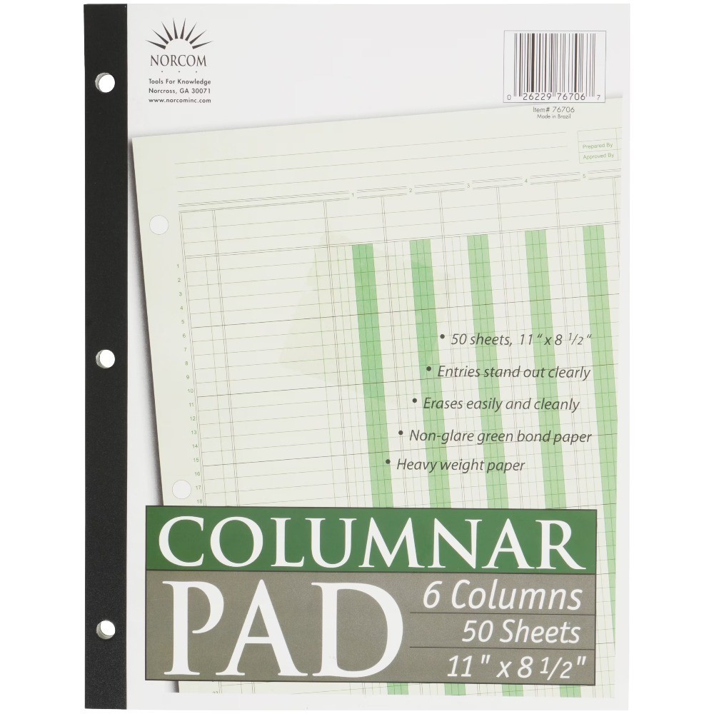 Accounting Columnar Paper Pad 6 Columns Letter Size 8.5 x 11 Inches 50 Sheets