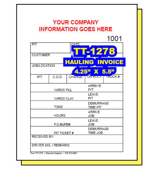 HAULING INVOICE Custom Printed 2 or 3 Part Carbonless Paper