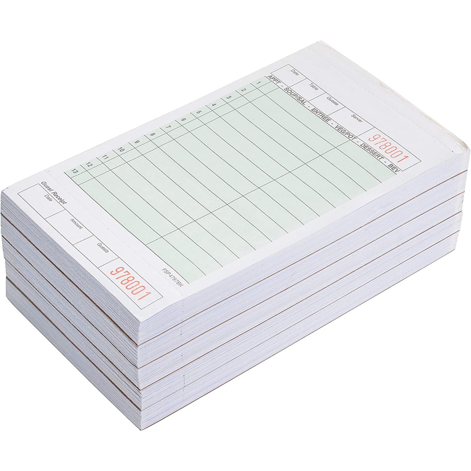 15 Pack – 2 Part Green Carbonless Guest Check Pads – 50 Pages per Server Pad