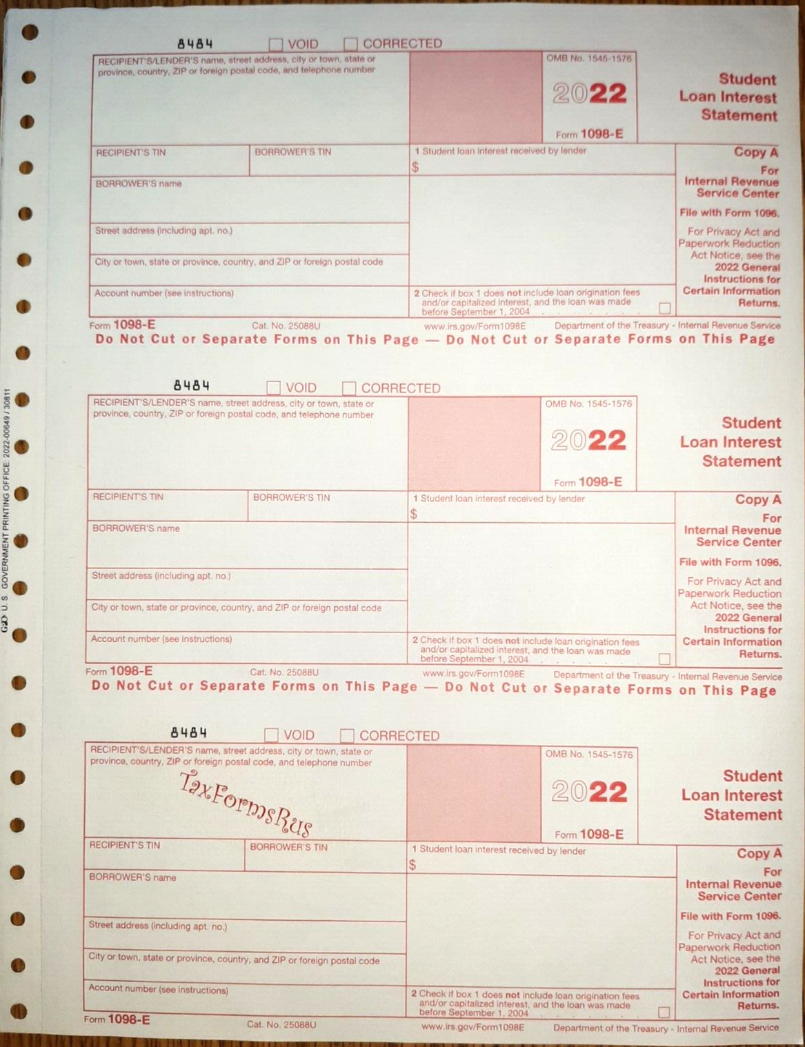 2022 IRS Tax Form 1098-E single sheet set for 3 borrowers, carbonless 3-part 3up
