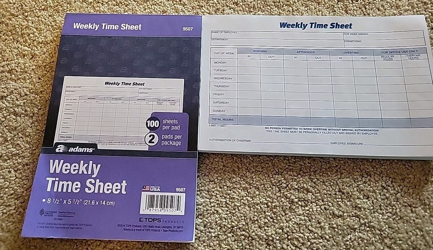 NEW adams Weekly Time Sheets 9507/ 5.5″ x 8.5″ 2 Pads/181 Sheets Total (100+81)
