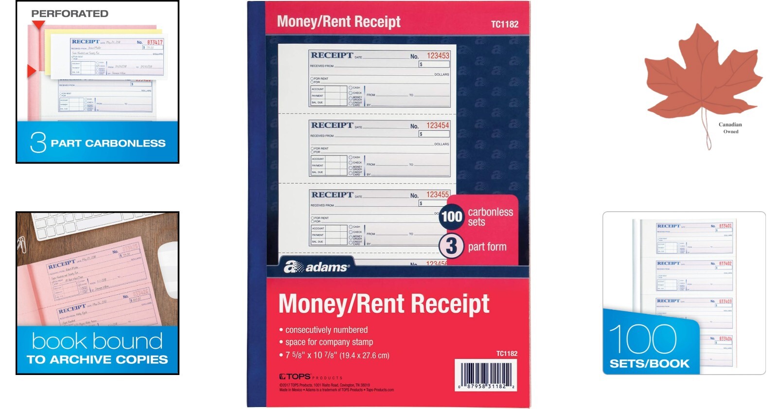 Receipt Book – 3-Part Carbonless, 100 Sets, Tape Bound, 7.63 x 11 Inch