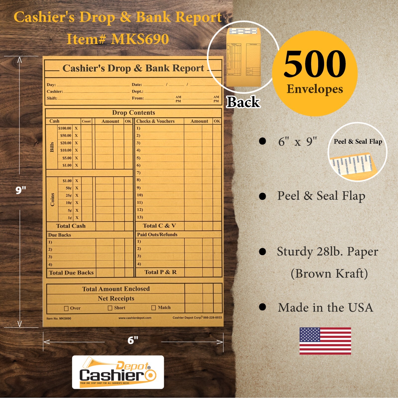Cashier’s Drop & Bank Report Envelopes, MK960S, 6″ x 9″, Kraft, P&S, 28lb. 500ct