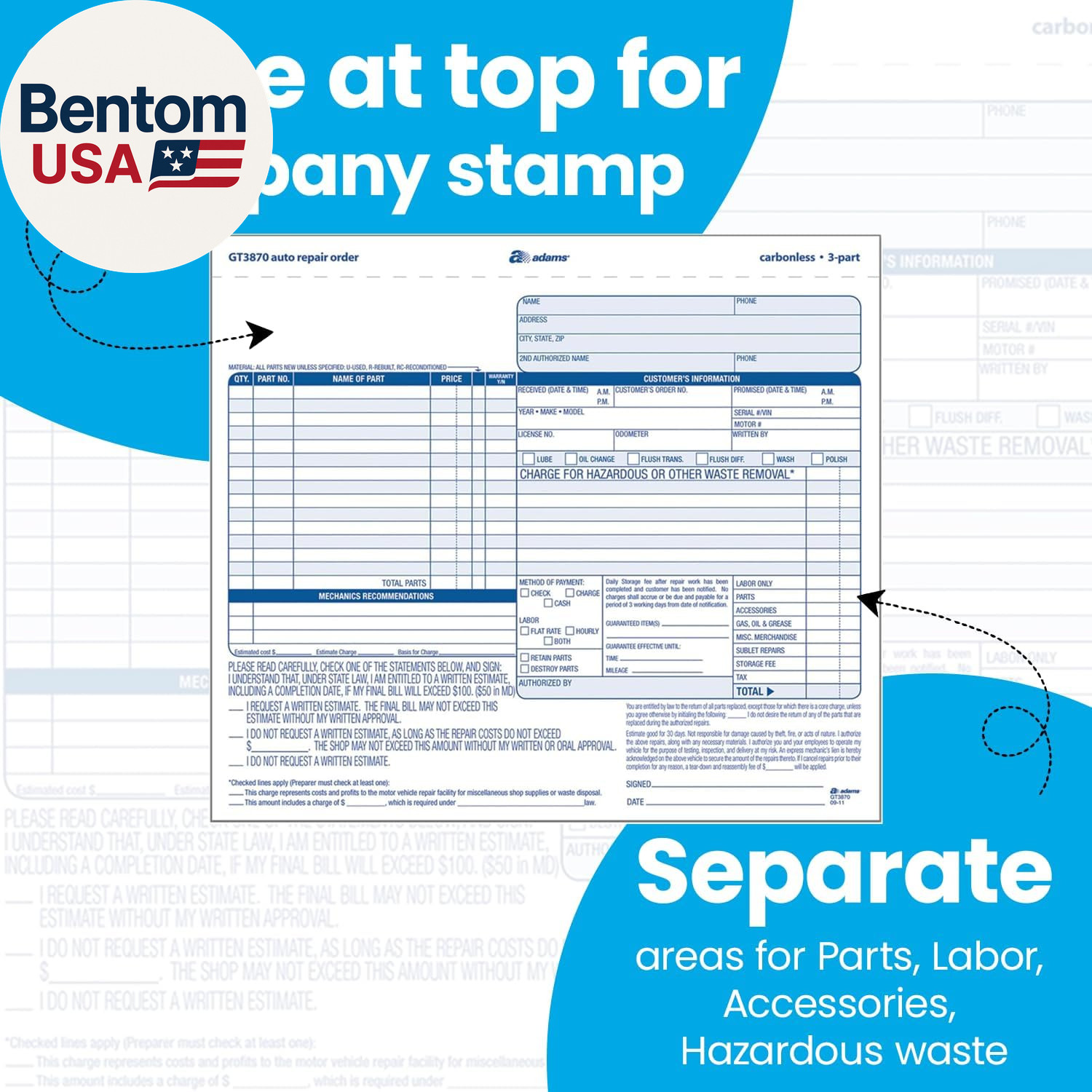 Auto Repair Order Forms, 8.5 X 7.44 Inch, 3-Part, Carbonless, 50-Pack, White and
