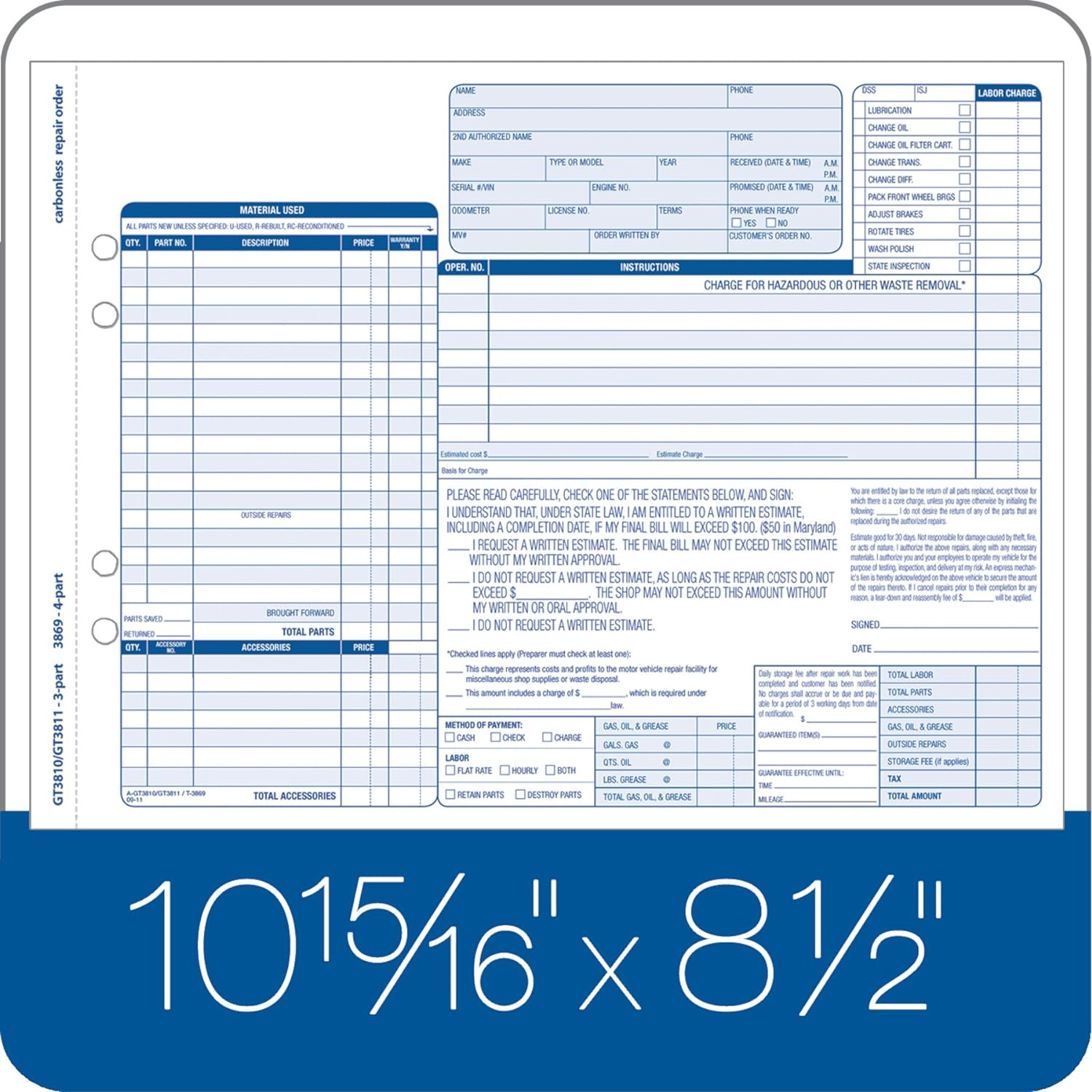 Adams Garage Repair Order Forms 8.5 x 11 Inch 3 Parts 250-Count White and Canary