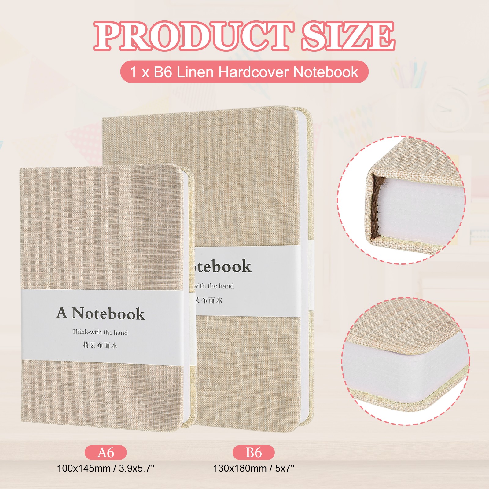 Linen Journal Notebook, 256 Pages 100 Gsm B6（5×7） Hardcover Journals (Apricot)